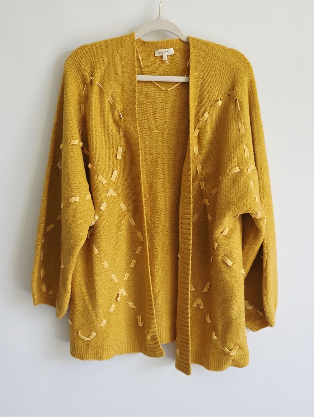 Mystree Mustard Yellow Velvet Ribbon Bohemian Open Cardigan Women's Size L